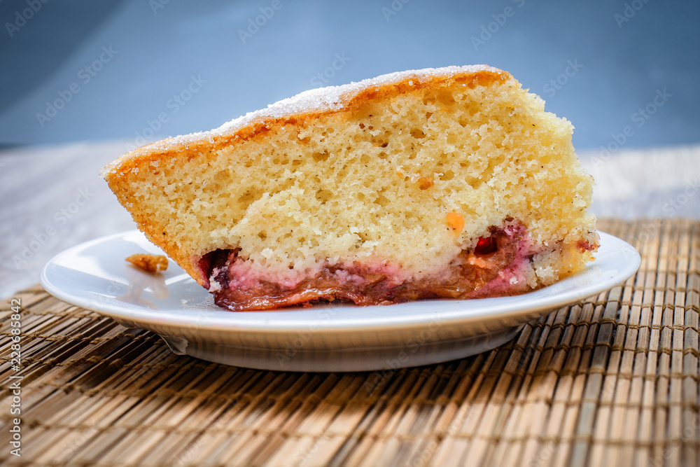 Large shot of sponge cake plum pie.