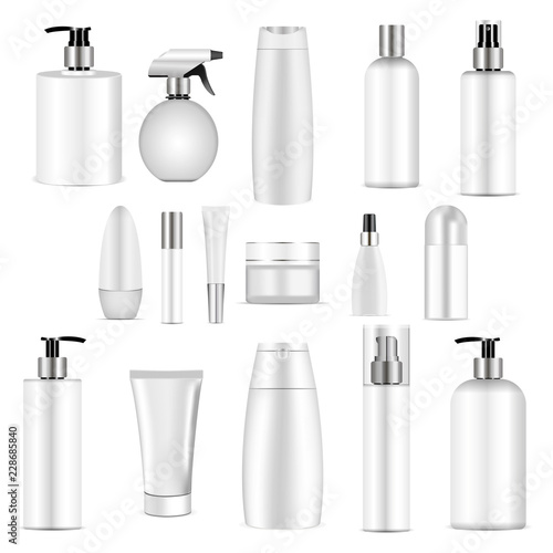 Realistic mock-up cosmetic bottles. Vector illustration blank templates of empty and clean white plastic containers: bottles with spray, dispenser and dropper, cream jar, shampoo, lotion, soap, tube.