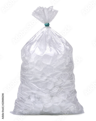 Ice cubes in plastic bag, bagged ice or packaged ice mock up isolated on white background including clipping path.