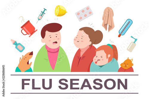 Cold and flu season vector cartoon illustration. Sick family with cat, dog and medicine pills and food. Ill people character isolated on background.