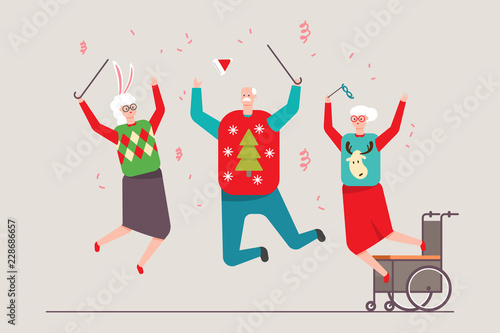 Christmas party with happy jumping old people in festive costumes and with confetti. Vector cartoon concept illustration