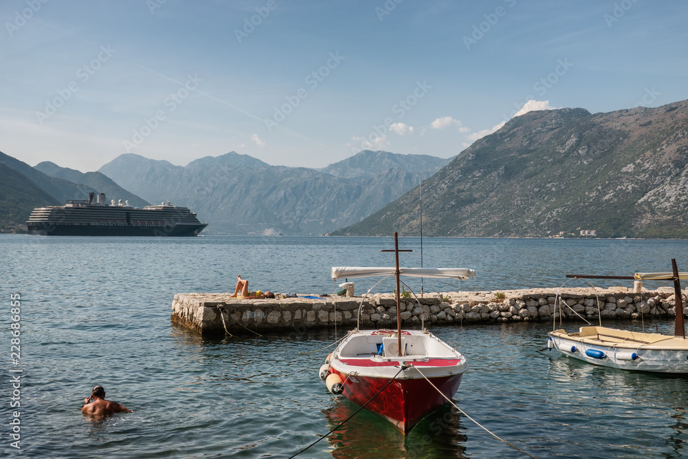 Kotor bay coastline with cruiseships in Montenegro