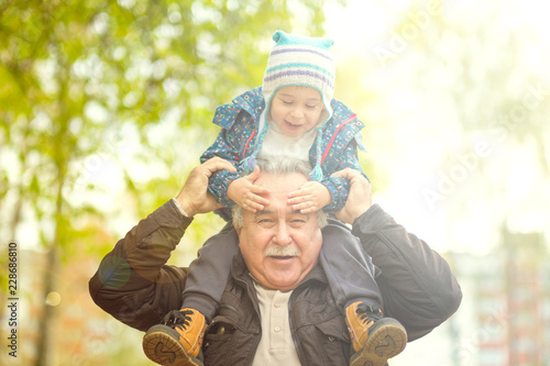 Playful grandfather spending time with his grandson in park on sunny day © yavdat