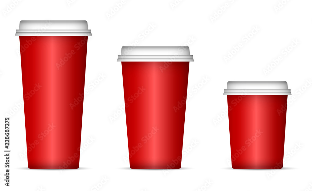 Mockup of red Paper cups for coffee or tea with lid. Realistic 3d vector illustration isolated on white background. Mockup of red Paper cups for coffee or tea with lid. Realistic 3d vector illustration isolated on white background.