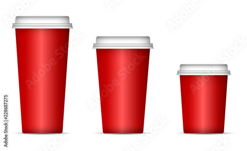 Mockup of red Paper cups for coffee or tea with lid. Realistic 3d vector illustration isolated on white background.