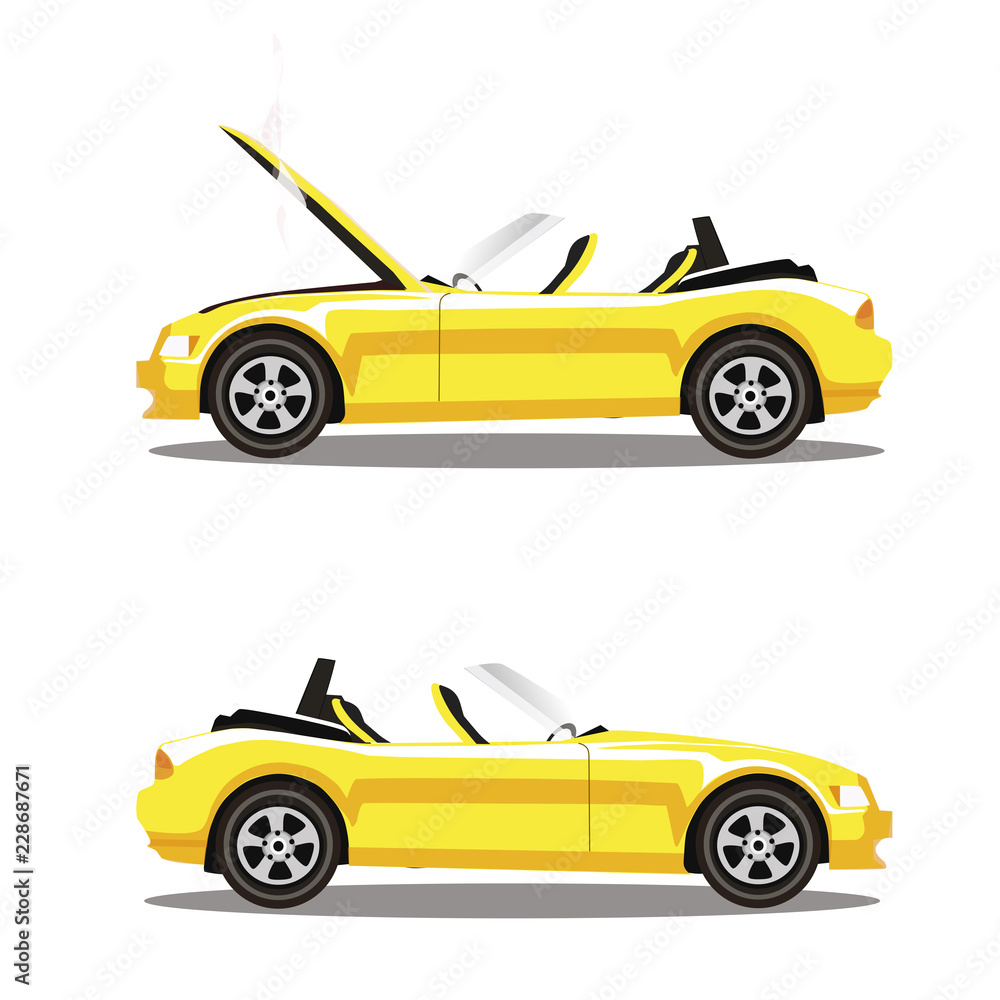 Vector set of broken cartoon yellow cabriolet sport car before and after crash isolated on white Vector set of broken cartoon yellow cabriolet sport car before and after crash isolated on white
