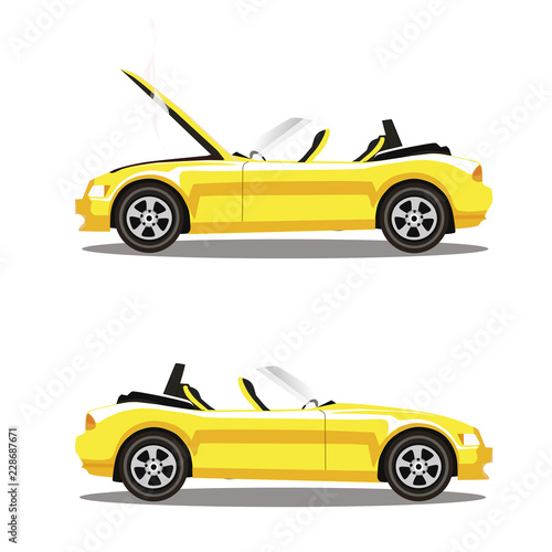 Vector set of broken cartoon yellow cabriolet sport car before and after crash isolated on white