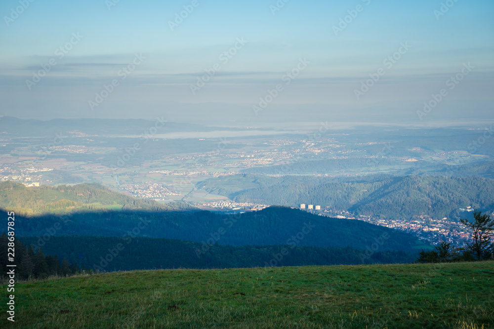 Germany, Endless view over black forest valley nature landscape from top of mountain kandel
