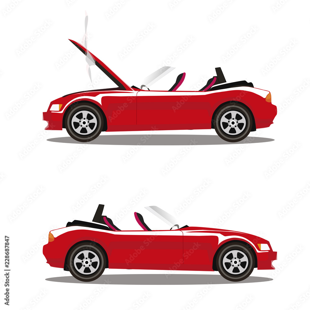 Vector set of broken cartoon red cabriolet sport car before and after crash isolated on white