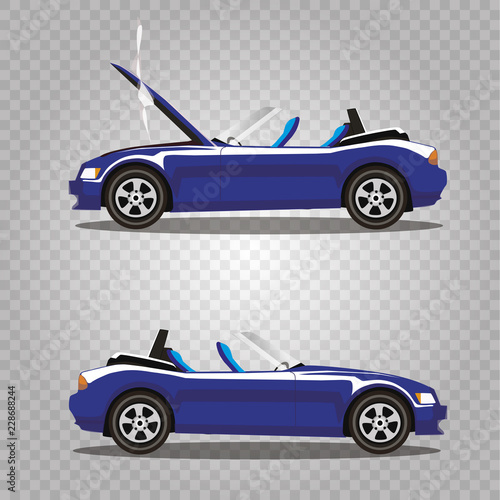 Vector set of broken cartoon navy blue cabriolet sport car before and after accident isolated