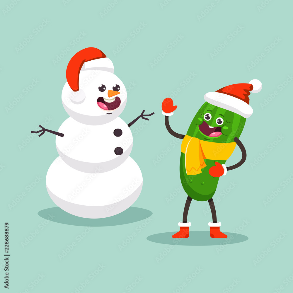 Snowman and Cucumber kid in Santa hat and scarf. Cute cartoon vegetable character. Winter Christmas holiday activities vector illuctration isolated on background.