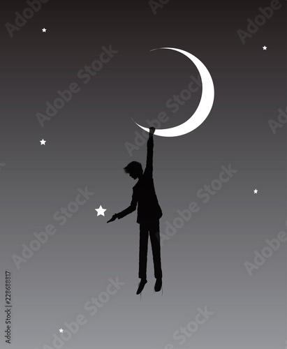 boy hanging on the moon, on the heavens, dream,