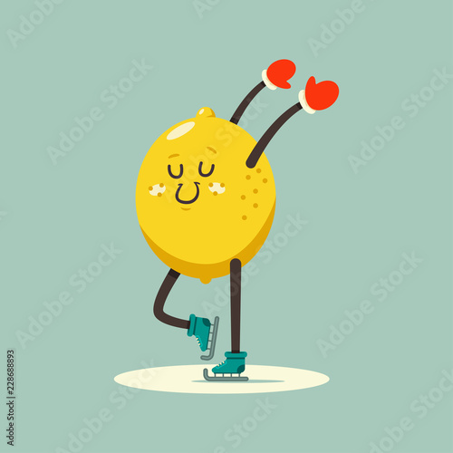 Cute Lemon kid cartoon character skating on ice rink. Winter sports and activities. Vector flat funny fruit illustration isolated on background.