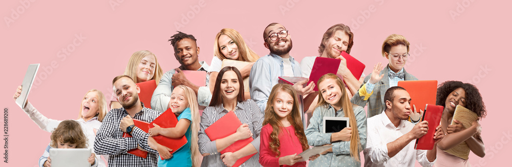 Collage about people hugging laptop. Love to computer concept. Attractive male and female portrait, trendy pink studio backgroud. Young emotional group. Human emotions, facial expression concept. Collage about people hugging laptop. Love to computer concept. Attractive male and female portrait, trendy pink studio backgroud. Young emotional group. Human emotions, facial expression concept.