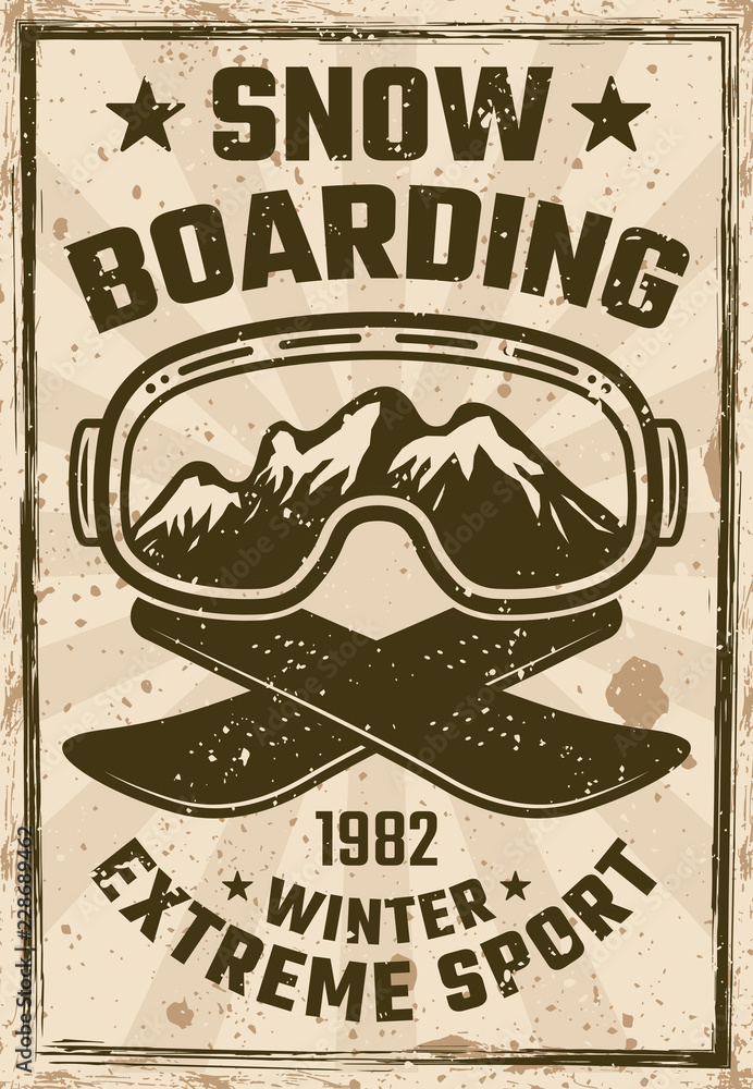Obraz premium Snowboarding vintage poster with ski glasses 