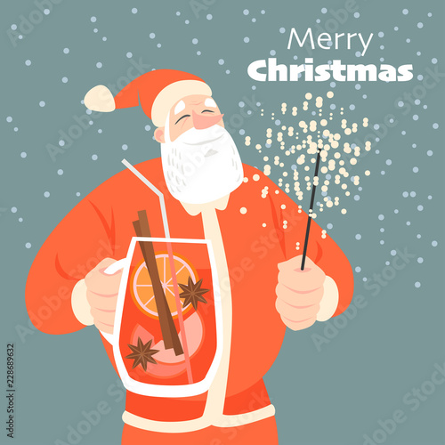 Funny Christmas card with Santa drinking mulled wine. Vector illustration in cartoon style