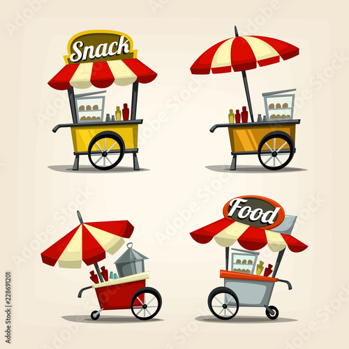 vector cartoon street food cart template with the fastfood and traditional snack illustration and icon