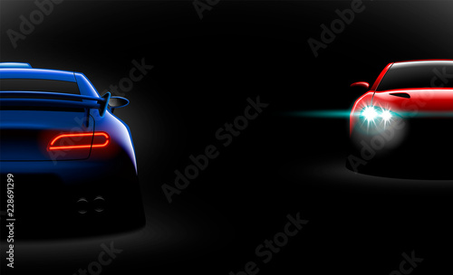 realistic red blue two sport car view with unlocked headlights in the dark