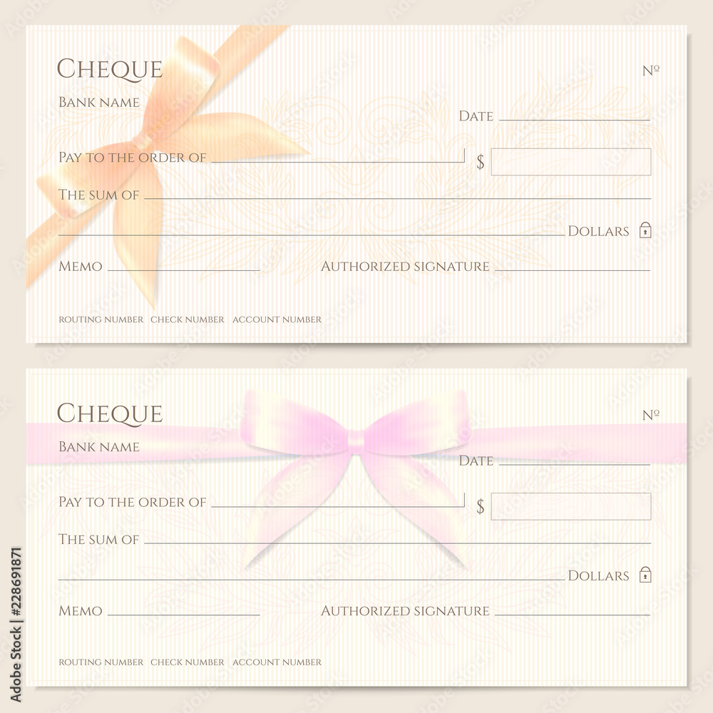 Check, Cheque (Chequebook template). Floral pattern with orange, pink bow, ribbon. Background for Gift Voucher, Gift certificate design, currency, Holiday bank note, Christmas Money coupon - obrazy, fototapety, plakaty 