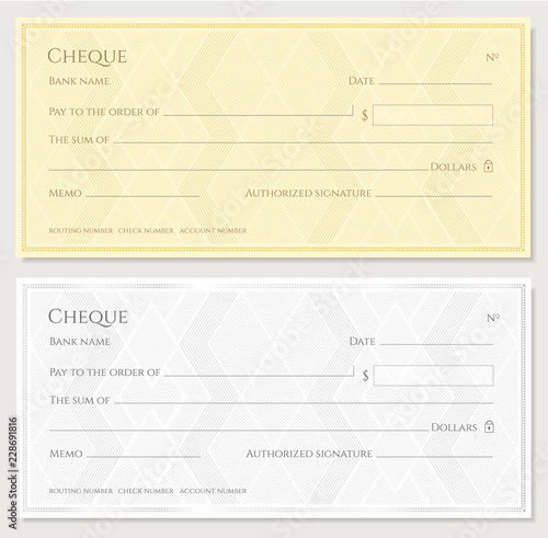 Cheque, Check, Chequebook template. Line pattern with abstract geometric watermark. Golden, silver background for banknote, money design, currency, bank note, Voucher, Gift certificate, Money coupon