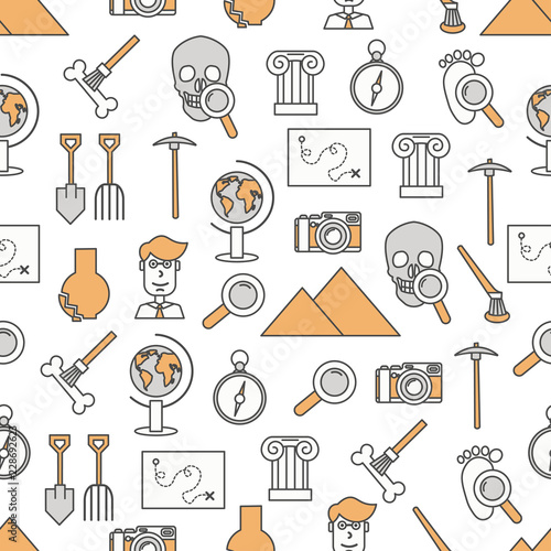 Vector thin line art archaeology seamless pattern