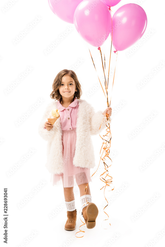 beautiful happy child with pink air balloons and ice cream isolated on white
