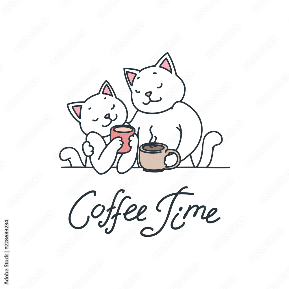 Coffee time. Illustration of cute white cats enjoying coffee isolated on white background. Vector illustration 8 EPS. Coffee time. Illustration of cute white cats enjoying coffee isolated on white background. Vector illustration 8 EPS.