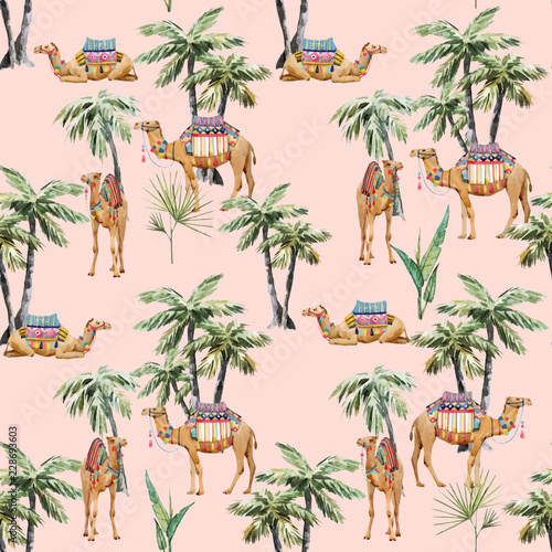 Watercolor camel and palm vector pattern