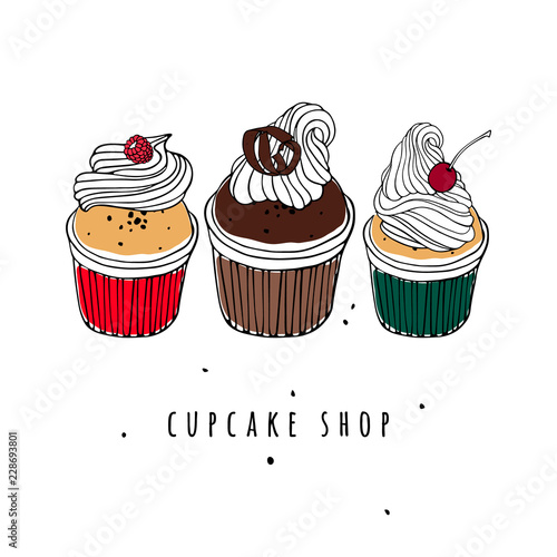 Cherry cupcake, chocolate muffin and raspberry cake. A set of hand drawn confectionery. Vector illustration.