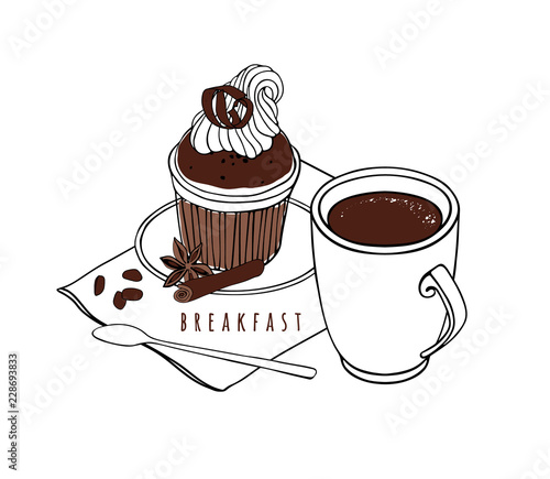 Chocolate cupcake, anise and cinnamon, chocolate chips and coffee beans. Coffee cup with a saucer, spoon and napkin. Hand drawn vector illustration.