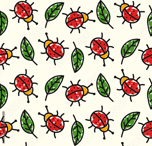 Ladybug and leaf childish colorful seamless vector pattern