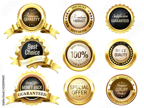 Realistic golden labels. Elegant best price banner, label with g