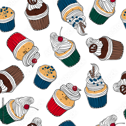 Cherry cupcake, chocolate muffin, blueberry cupcake and raspberry cake. Seamless texture with cupcakes for cafe, bakery, confectionery. Vector illustration.
