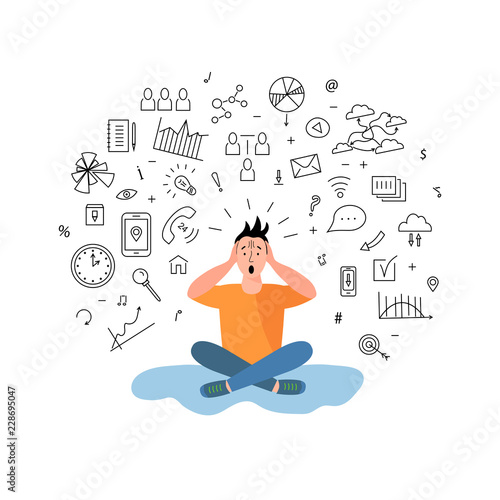Person get too much infjrmation. Information and data overload concept. Digital information overload. Flat design photo
