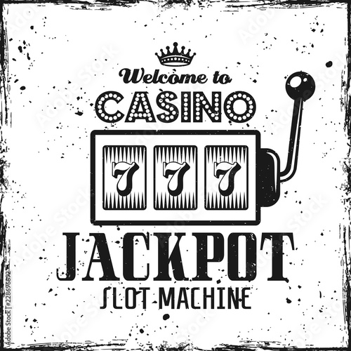 Casino emblem with slot machine and text jackpot