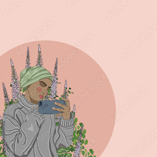 Illustration of young woman taking selfie