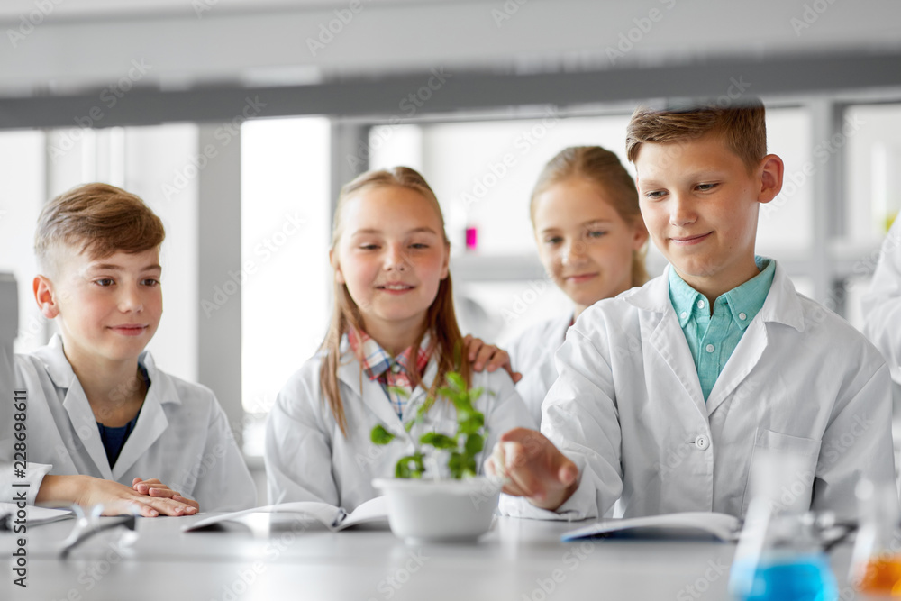 Fototapeta premium education, science and school concept - kids or students with plant at biology class
