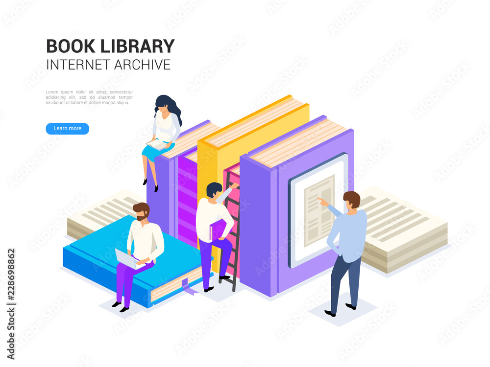 Book library isometric with people. Internet archive concept and digital learning for web banner. Dictionary, encyclopedia and literature e library vector illustration. Book library isometric with people. Internet archive concept and digital learning for web banner. Dictionary, encyclopedia and literature e library vector illustration.