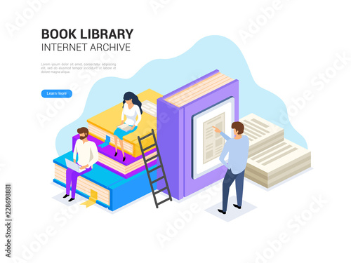 Book library isometric with people. Internet archive concept and digital learning for web banner. Dictionary, encyclopedia and literature e library vector illustration.