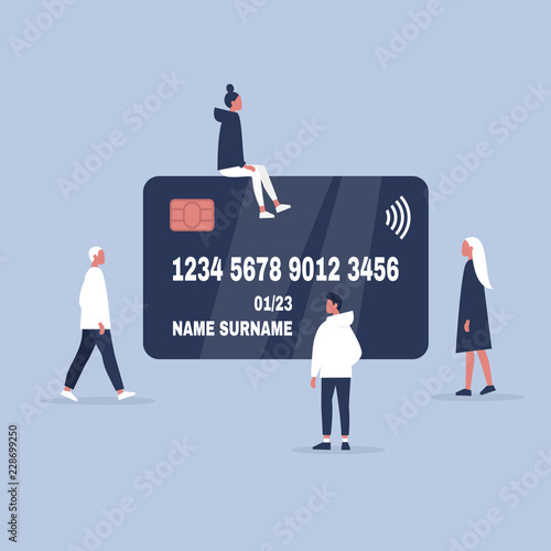 Millennial characters sitting and standing near by the plastic credit card. Finance. Money. Flat editable vector illustration, clip art
