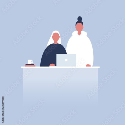 Millennials at work. Teamwork. Office routine life. Colleagues discussing a project. Senior manager supervising a junior manager. Flat vector characters.