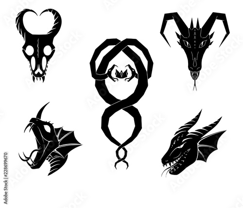 Collection of mystic snakes, dragons. Hand drawn snake's and dragon's heads for logo design, icons, web, tag, T-shirt design. Temporary Tattoo animal design.  Each element on a separate layer. Vector.