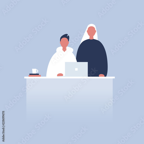 Millennials at work. Teamwork. Office routine life. Colleagues discussing a project. Senior manager supervising a junior manager. Flat vector characters.