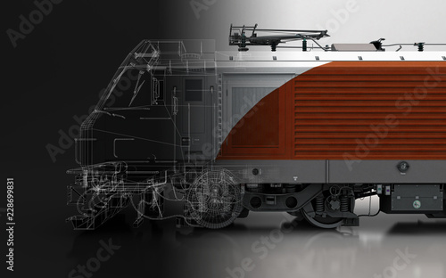 Motrice treno, tram, vagone ferroviario, illustrazione 3d