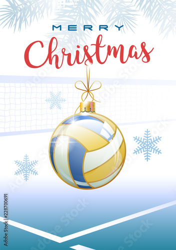 Merry Christmas. Sports greeting card. Realistic volleyball ball in the shape of a Christmas ball. Vector illustration.