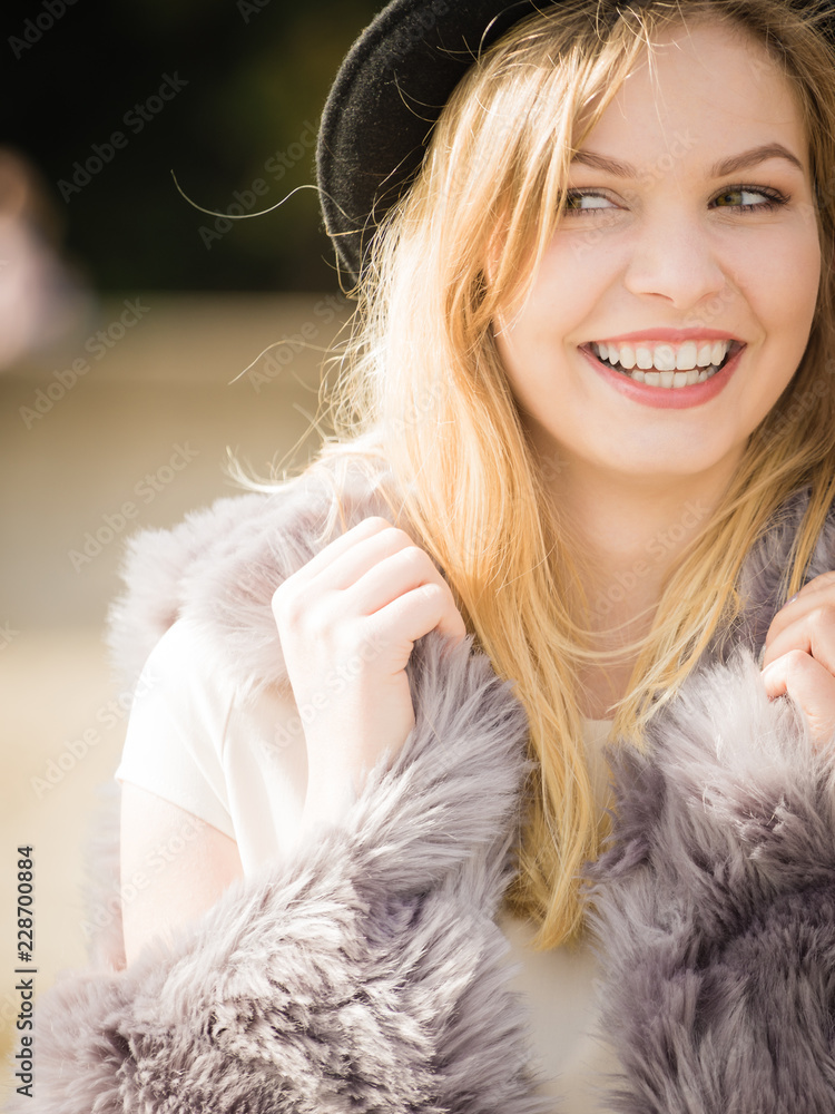 Woman wearing fedora and fur outdoor Woman wearing fedora and fur outdoor