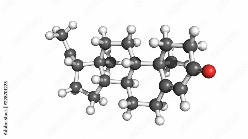 Progesterone is a steroid hormone involved in regulating female menstrual cycle and pregnancy. Rotating ball and stick model, seamless loop. Progesterone is a steroid hormone involved in regulating female menstrual cycle and pregnancy. Rotating ball and stick model, seamless loop.