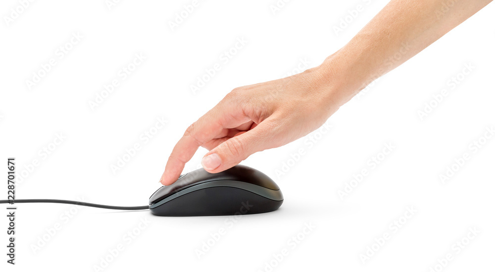 Woman's hand click on black computer mouse. Isolated on white. Woman's hand click on black computer mouse. Isolated on white.