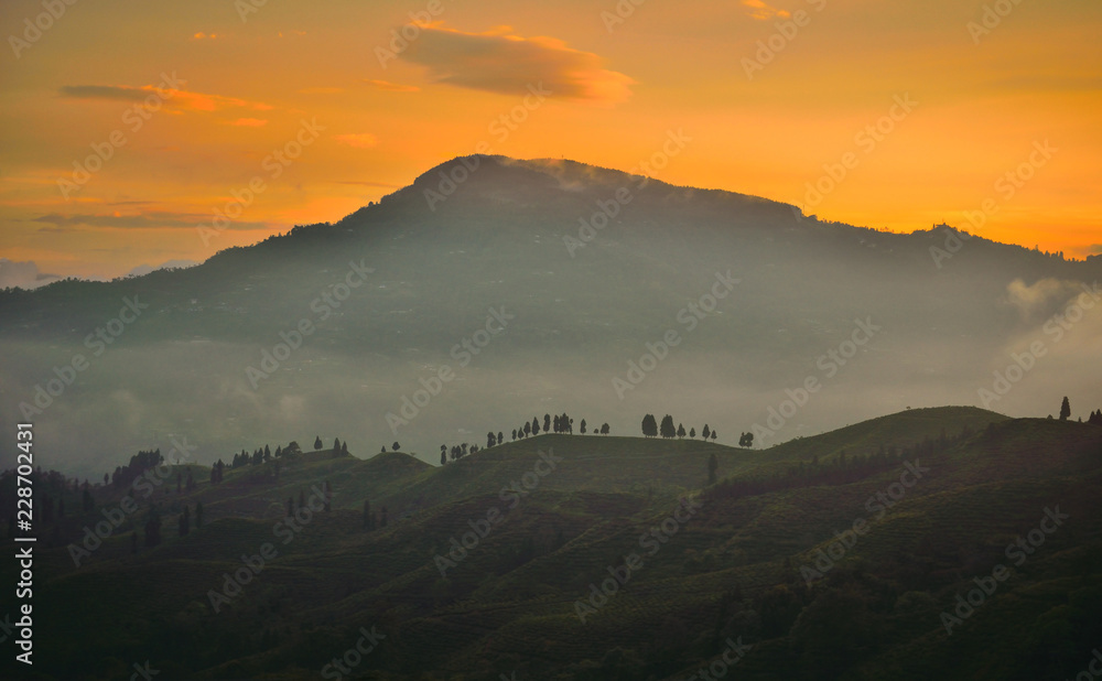 Sunset over high mountains in Mirik. Darjeeling	