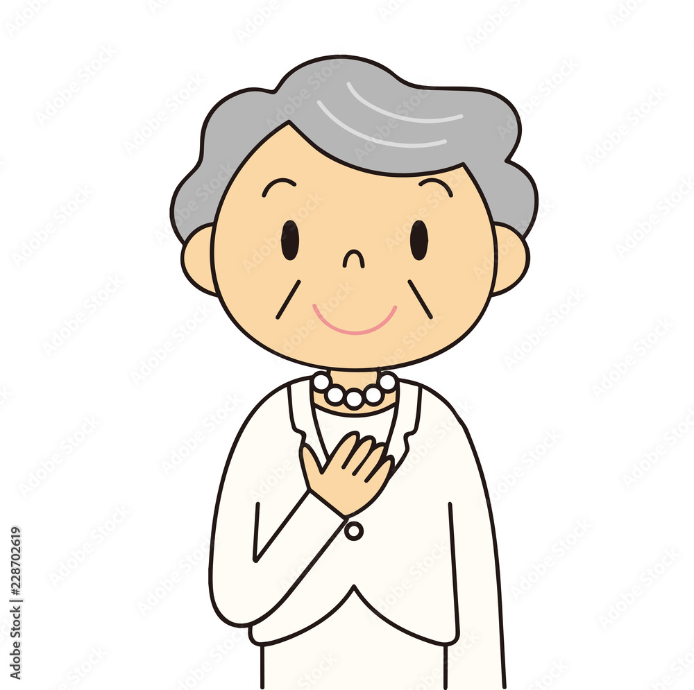 Obraz premium 二頭身 女性 シニア 白いスーツのおばあちゃん 笑顔 冠婚葬祭